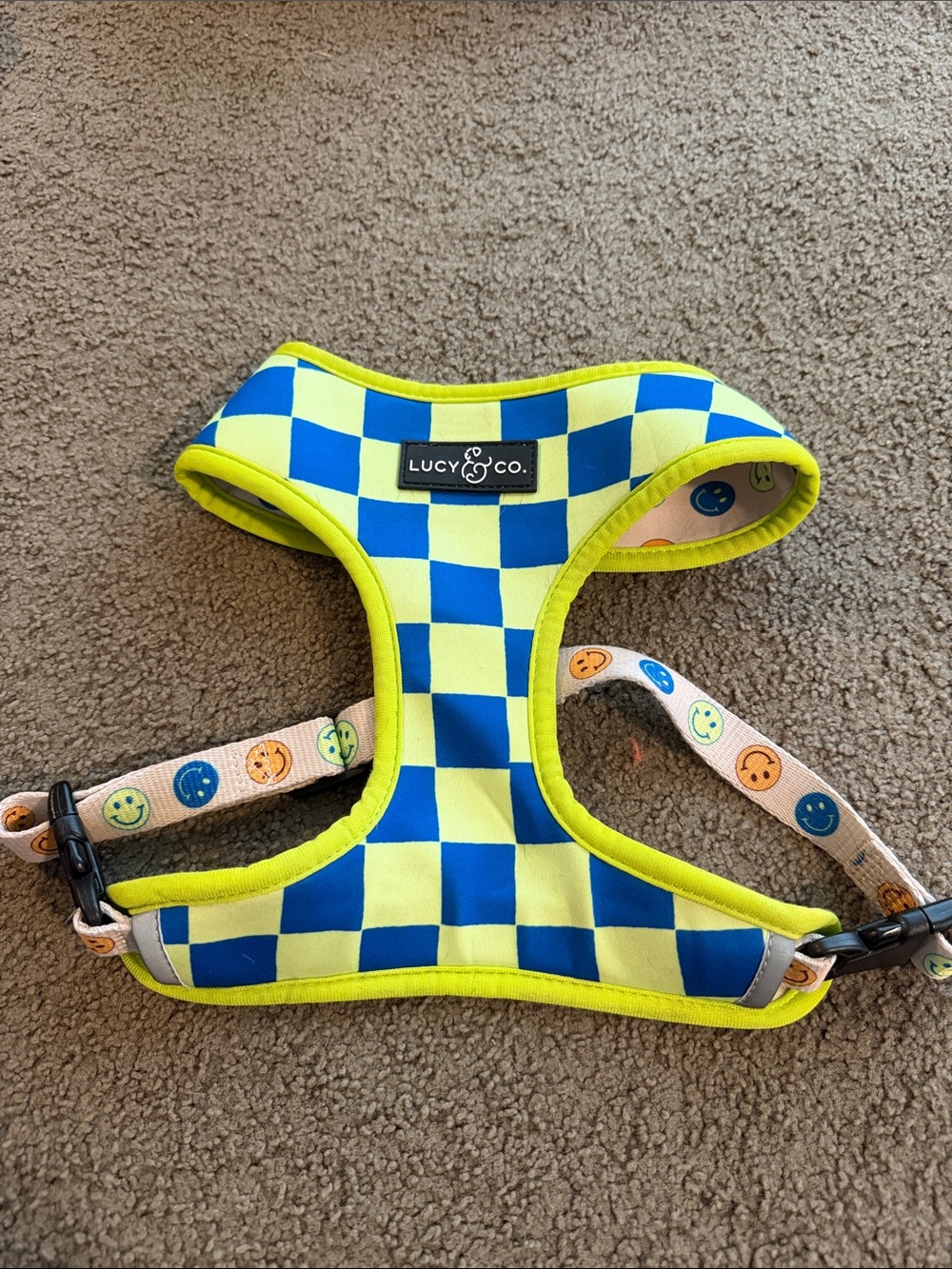 Lucy & Co. Blue and Neon Yellow Checkerboard Dog Harness size large